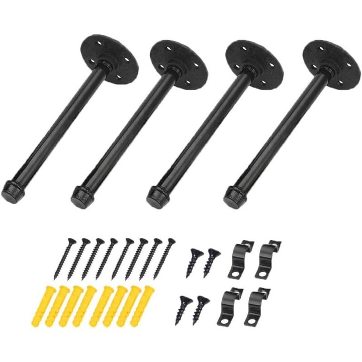 Set 4 suporturi pentru raft industriale din metal, lungime 30 cm, pentru montaj pe perete, cu suruburi incluse, negru