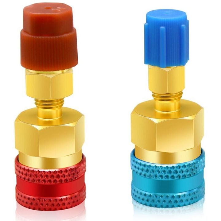 Set 2 adaptoare de conversie R134a la R1234yf, din alama, cu blocare cu bila si etansare, rosu/albastru, 1/4 SAE fem x 17mm/14mm