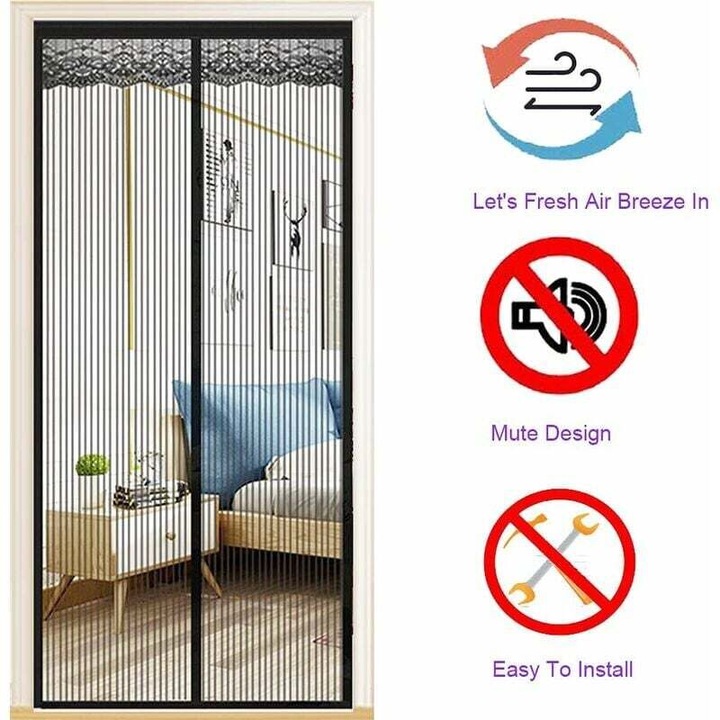 Plasa magnetica pentru usa, perdea anti-insecte 140 x 210 cm, inchidere automata cu 32 magneti, din poliester dens, montaj fara gaurire, Negru, 1 buc