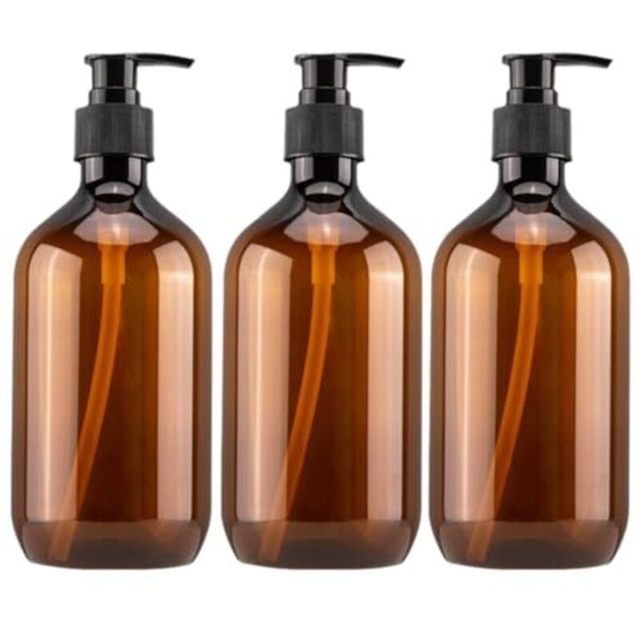 3 db adagolófejes flakon szappanhoz, samponhoz és balzsamhoz, minimalista, légmentesen záródó, borostyán, 3 x 500ml