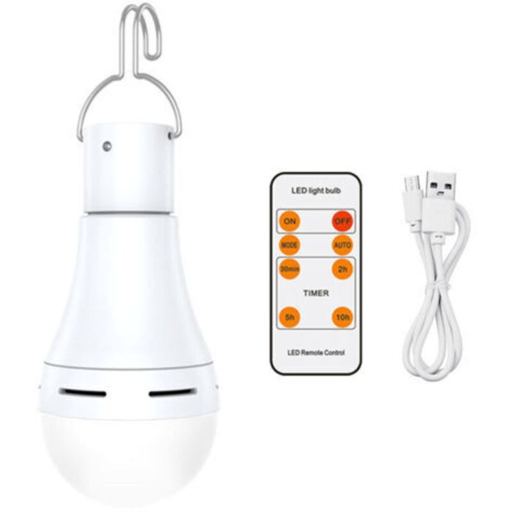 Bec LED reincarcabil 7W, telecomanda, temporizator, alb cald, E27, set 2 buc, portabil
