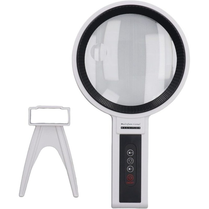 Lupa de mana cu lumina LED portabila, 34 LED, marire 2.5x/4.5x, 10 niveluri luminozitate, 5 moduri iluminare, suport integrat, carcasa ABS, lentile acrilice, alb