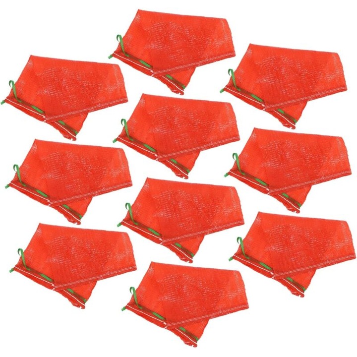 Set 10 saci/saculeti reutilizabili din plasa pentru legume, fructe si fructe de mare, cu snur de inchidere, lavabili, Rosu, capacitate pana la 11 kg
