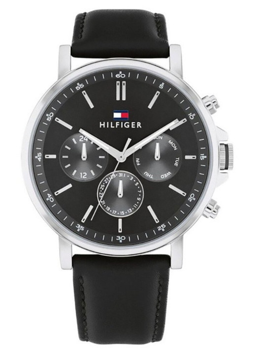 Tommy Hilfiger, Ceas barbatesc carcasa otel 316L, curea piele naturala, mecanism cuart, data si indicare 24h, Tyson 1710586, negru/argintiu, 44mm