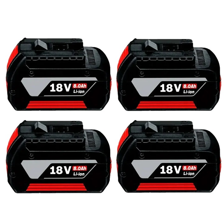 Set de 4 acumulatori litiu‑ion 18V 8.0Ah (8000mAh), compatibili cu scule 18V, negru/rosu, 4 x 8.0Ah (PN 8785366459595)