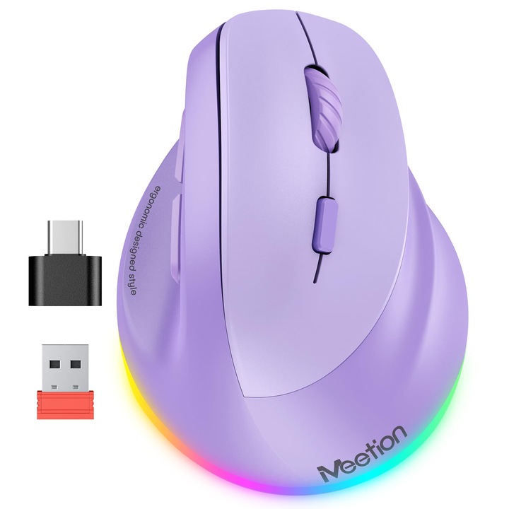 Egér ergonomikus, függőleges vezeték nélküli egér RGB világítással, újratölthető, Bluetooth (5.2 + 3.0) & USB-A USB-C adapterrel, 4 állítható DPI Mac/Windows/Android/PC/Tablet/iPad számára