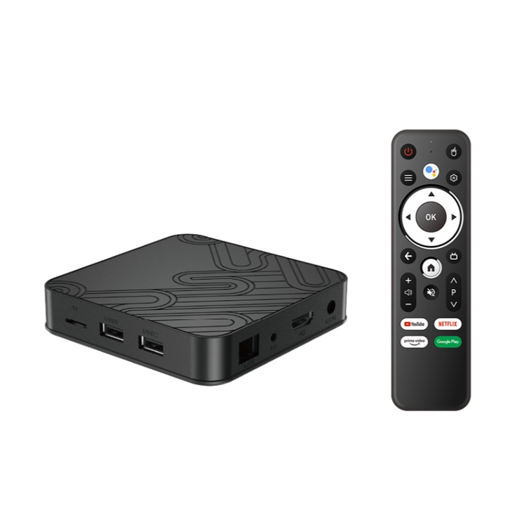 Set-top box inteligent, dispozitiv de streaming, 4+32 GB, decodare video 4K, Wi-Fi, Bluetooth, Android 12, calitate HD, potrivit pentru home cinema, portabil, negru