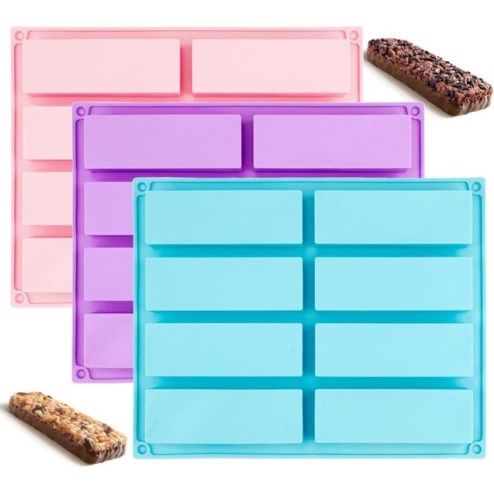 Set 3 forme silicon dreptunghiulare, 8 cavitati, multicolor, 23x10x3cm