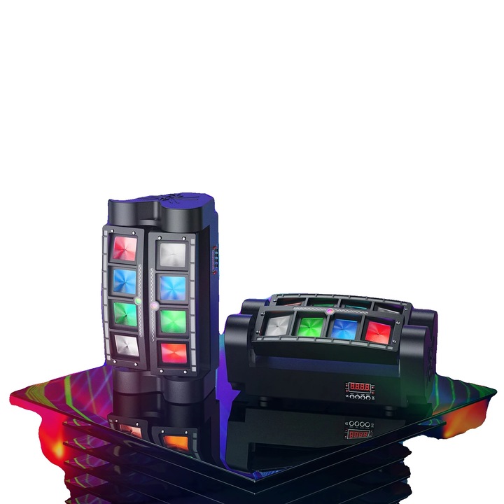 Mozgófejes projektor, RGBW 8x3W LED-del és 24 pixel csíkkal, 80W, DMX512 11/19 CH, hangvezérlés, alumínium és műanyag, Fekete, 2 darab (EU csatlakozó)