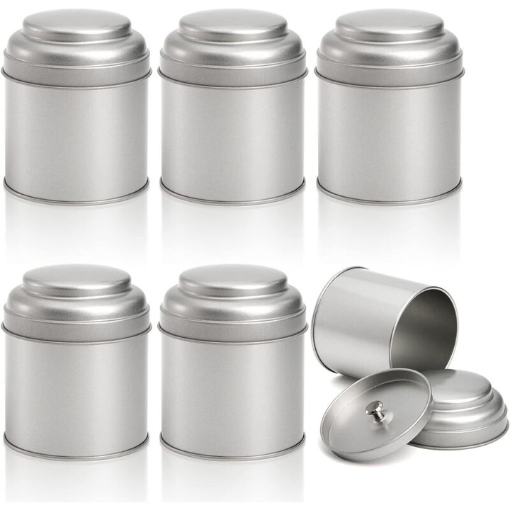 Set 6 cutii rotunde pentru ceai, etanse, metal cromat, 7.3x7.4x9.4cm