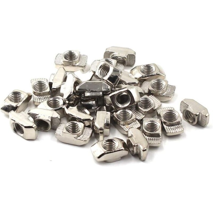Set 50 piulite T M4 pentru profile aluminiu seria 30, otel carbon nichelat, 15.5x8x6.5mm, Argintiu