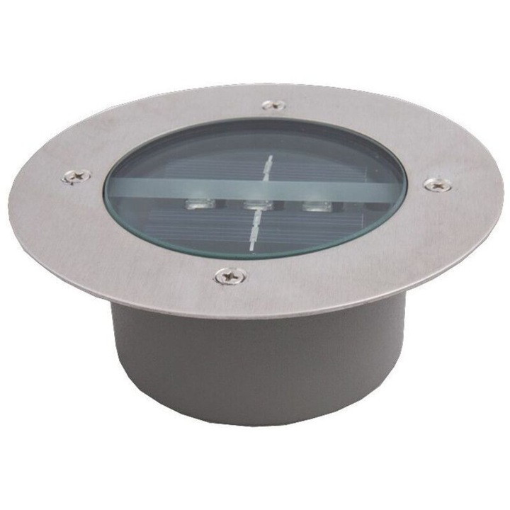 Lampa solara de exterior rotunda, spot LED 3 piranha, IP65 rezistent la apa, lumina rece 6000K, corp inox/aliaj aluminiu, baterie AAA 1200mAh, panou 2V 100mA, diametru 120mm, Argintiu, 4 buc