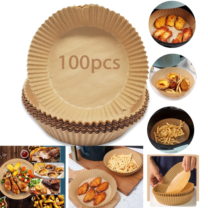 100 db eldobható sütőpapír forrólevegős fritőzökhöz, 16 x 4,5 cm, kerek sütőpapír, tapadásmentes, alkalmas forrólevegős fritőzökhöz, mikrohullámú sütőkhöz és hagyományos sütőkhöz, Barna