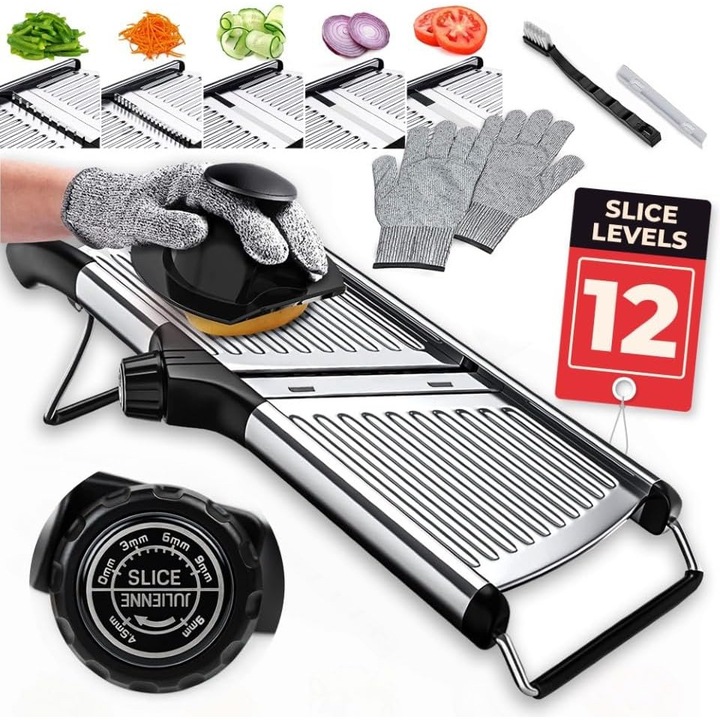 Razatoare Multifunctionala, Feliator si Tocator Legume si Fructe, 5 Taieturi Diferite Grosime 3 mm pana la 9 mm, 2 Optiuni Taiere Julienne, Lame Detasabile Otel Inoxidabil, Baza Antiderapanta, Protectie Degete, Design Modern Black Silver Negru Argintiu