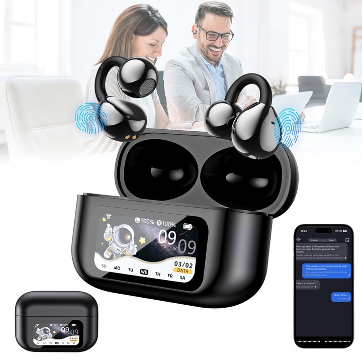 AI Intelligens Fordító Fülhallgató, Valós Idejű Fordító, Hangfordítás, 159 Nyelvet Támogat, 3.6 g fülhallgatónként, Ergonomikus Kialakítás, Bluetooth 6.0, Érintőképernyő. Formamemóriás Fém, iOS/Android, Kétoldali Sztereó, Kényelmes Viselet, HD Hívások