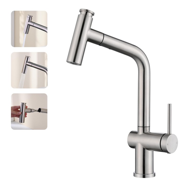 Baterie pentru Chiuveta Bucatarie Extractabila, Inox Premium SUS304, Anti-rugina, Anti-exfoliere, cap dus extractabil, Pipa inalta si Rotire 360°, 2 Moduri Jet, Monocomanda, de calitate