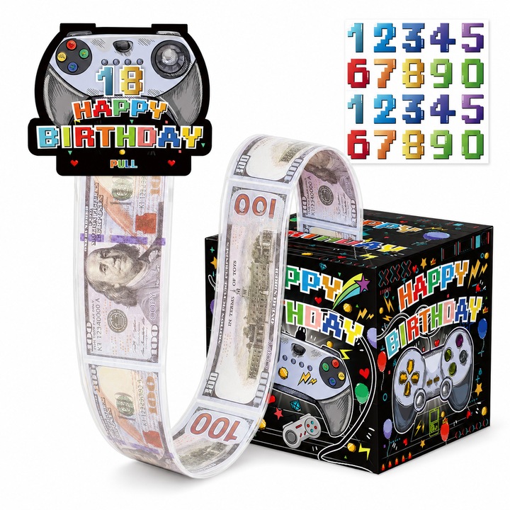 Cutie cadou pentru bani, model gaming, topper PULL cu cifre DIY 0-9, 50 pungi OPP transparente, cutie surpriza pentru zi de nastere, cadou creativ pentru 18 ani, adolescenti si petreceri
