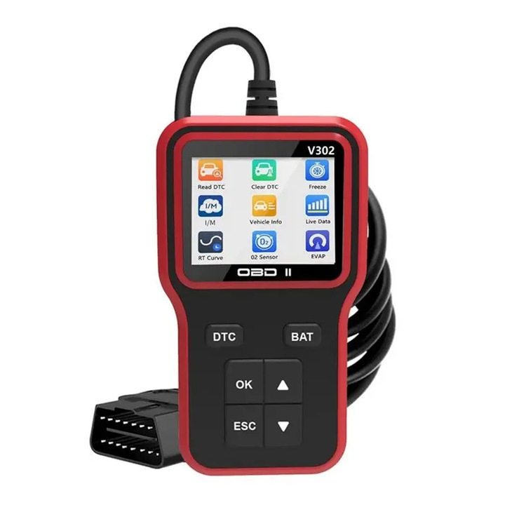 Тестер за автодиагностика OBD II, AFKSMILE, Скенер за автомобилна диагностика, Тестер за батерии, Четец на автомобилни кодове за индикатора „Check Engine“, LCD екран, Live Data, Plug and Play, Универсален, Черен/Червен
