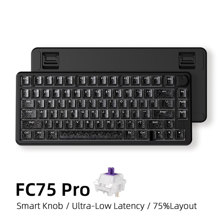 Tastatura Mecanica FURYCUBE FC75PRO 80 Taste, Carbon Negru Transparent, 3 Moduri Fir 2.4G Bluetooth, Axa Violet Iluminare RGB