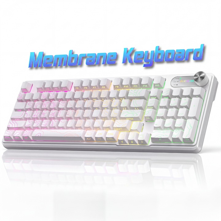 Безжична клавиатура FURYCUBE®️, RGB осветени клавиши, Мембранна, Multi-Device 5 връзки, Мултифункционален бутон, Bluetooth, Геймърска клавиатура, Безжична, 98 клавиша Full-Size, 1000Hz, USB Type-C, Презареждаема 4000mAh, macOS, Windows, Smart Tv, Бяла