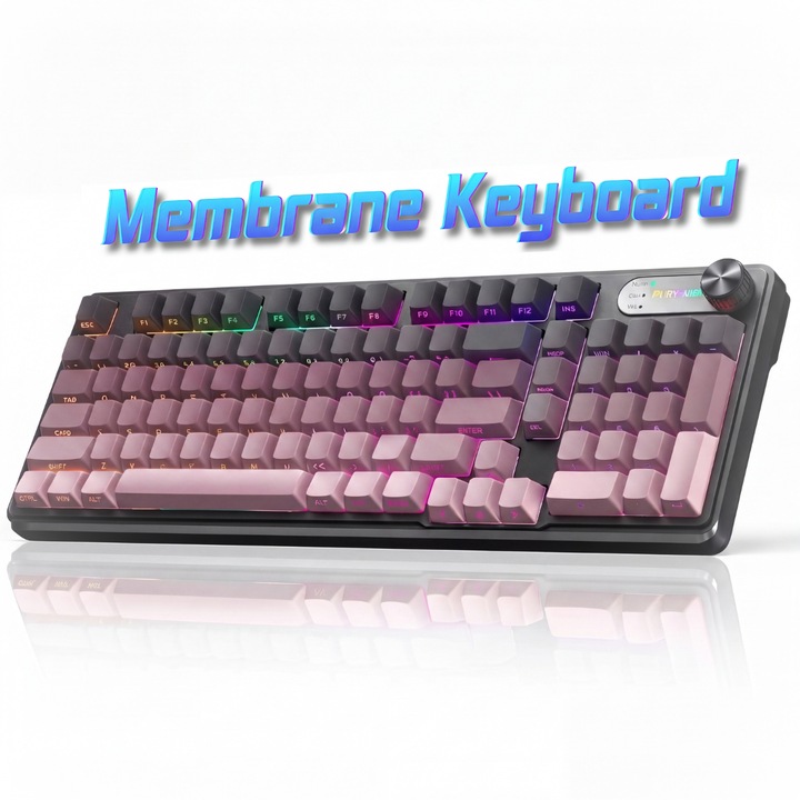 Безжична клавиатура FURYCUBE ®️, RGB осветени клавиши, Мембранна, Multi-Device 5 връзки, Мултифункционален бутон, Bluetooth, Геймърска клавиатура, 98 клавиша Full-Size, 1000Hz, USB Type-C, Презареждаема 4000mAh, Черно-Розова