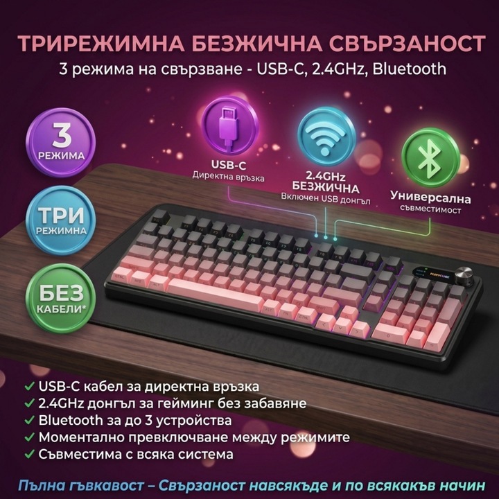 Безжична клавиатура FURYCUBE ®️, RGB осветени клавиши, Мембранна, Multi-Device 5 връзки, Мултифункционален бутон, Bluetooth, Геймърска клавиатура, 98 клавиша Full-Size, 1000Hz, USB Type-C, Презареждаема 4000mAh, Черно-Розова