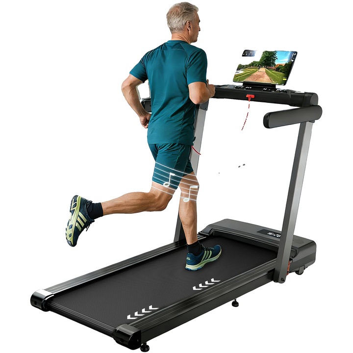 Többfunkciós futópad, 2.5 LE motor, állítható futófelület 80-120 x 30-50 cm, 12 program, Bluetooth, kettős LED kijelző, 6 szilikon lengéscsillapító, összecsukható, Fekete