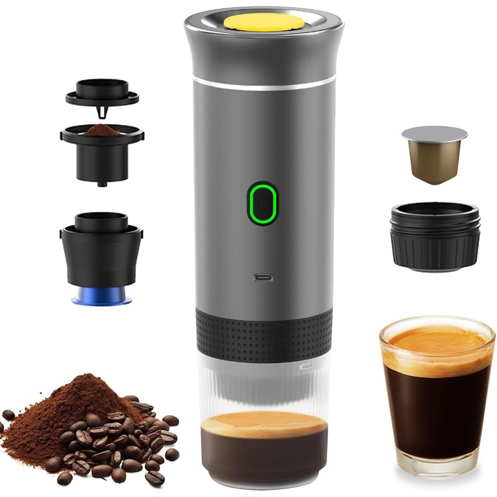 Espressor Portabil Argintiu, Aparat de Cafea Fara Electricitate cu Baterie 7500mAh, Presiune 20 Bari, 200 Extractii, Compatibil Cafea Macinata si Capsule, Prepara Espresso Cremoasa, Ideal pentru Calatorii, Camping, Birou si Utilizare Zilnica in Deplasare