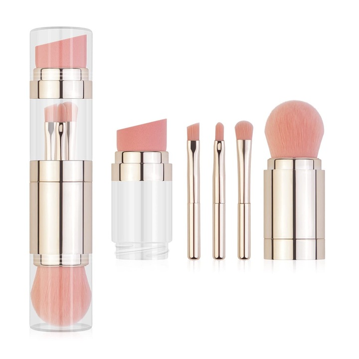 Set Pensule Machiaj 5 in 1 Portabil, Pensula Dubla pentru Calatorii cu Burete pentru Fond de Ten, Pensula pentru Pudra, Fard de Pleoape, Sprancene si Buze, Instrument Cosmetic Compact, Roz Auriu