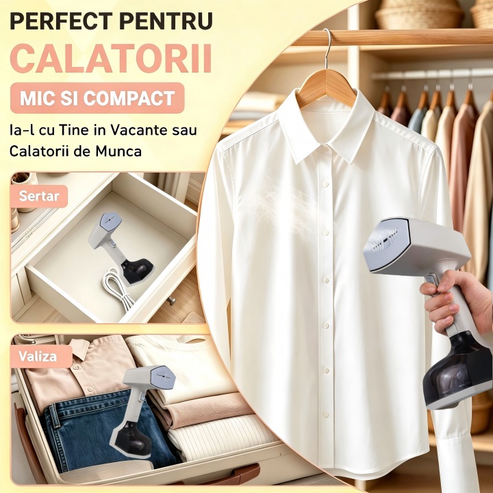 Aparat Calcat Vertical Cu Aburi, 2500W, Capacitate rezervor apa 350 ml, Incalzire Rapida 15' Si 3 Moduri De Calcare, Aparat Calcat Portabil, Functie Umeda/Uscata, Portabil Pentru Haine, Draperii Si Calatorii, AZFAMZOP®, Alb