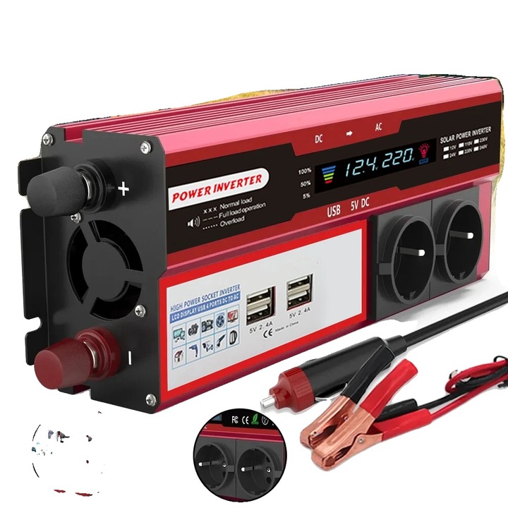 Invertor auto 4000W, eficienta ridicata, 4 porturi USB, afisaj LED, compact