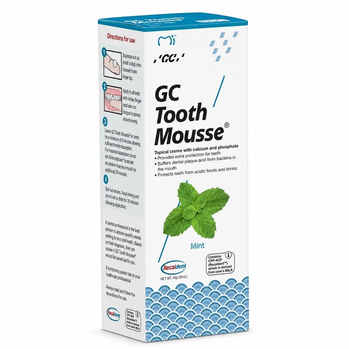 Топикален крем за зъби GC Tooth Mousse, дентален крем с калций и фосфати, подходящ за възрастни и деца, мента, 40гр