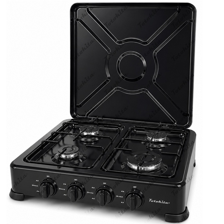 Aragaz pe gaz pentru butelie GPL, 4 ochiuri, portabil, 6.2 kW, cu capac, negru, Totokita®