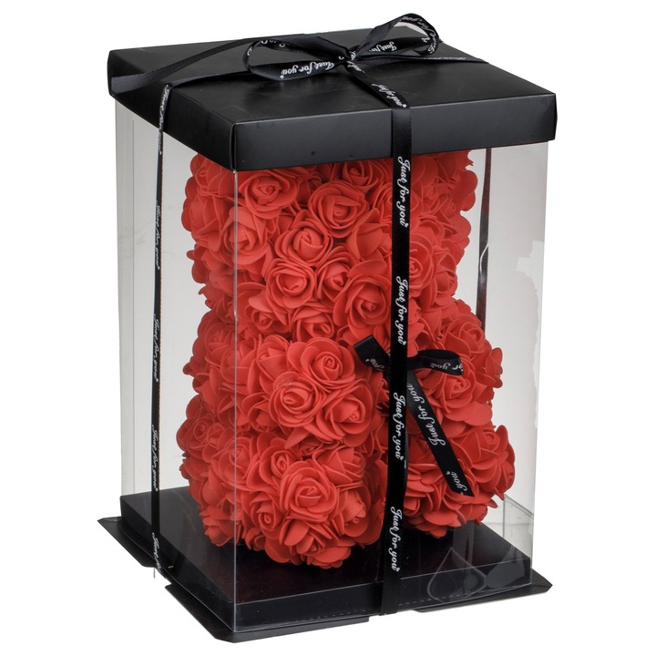 Urs Decorativ din Trandafiri Mici Rosii 23cm