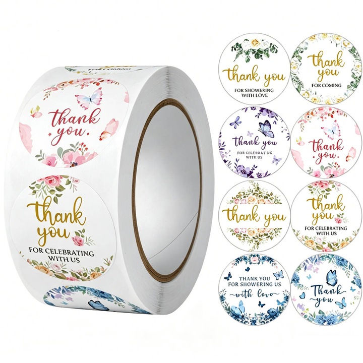 Set 500 etichete autoadezive, CeruleTree, Thank you, Cu 8 modele diferite, Usor de utilizat, Pentru stampile, Cosuri de Cadouri, Cutii de Patiserie, 2.5 cm, Multicolor