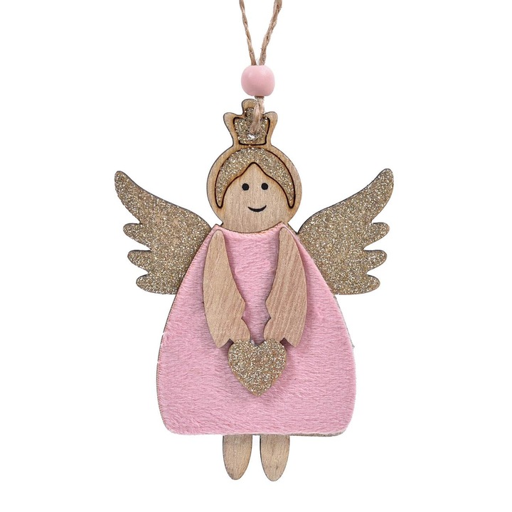 Ornament Brad de Craciun Ingeras din Lemn Roz Catifelat cu Glitter Bej Sampanie 11cm