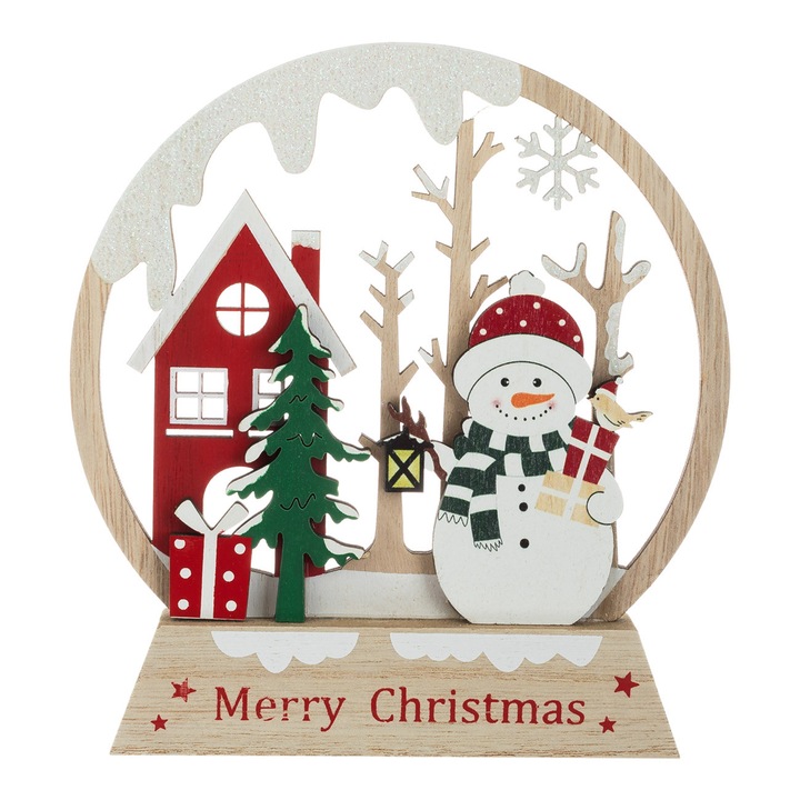 Decoratiune de Craciun din Lemn cu Om de Zapada Brad Casa Pasare 14x16cm