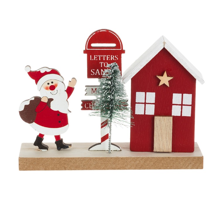 Decoratiune din Lemn de Craciun Mos Craciun Casa Cutie Postala 12x9cm