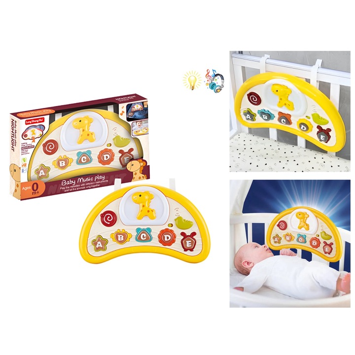 Jucarie interactiva bebelusi ANGMAD, cu lumini si sunete, lampa de veghe, functioneaza 3 baterii AA, prindere patut, recomandata incepand cu 0+luni