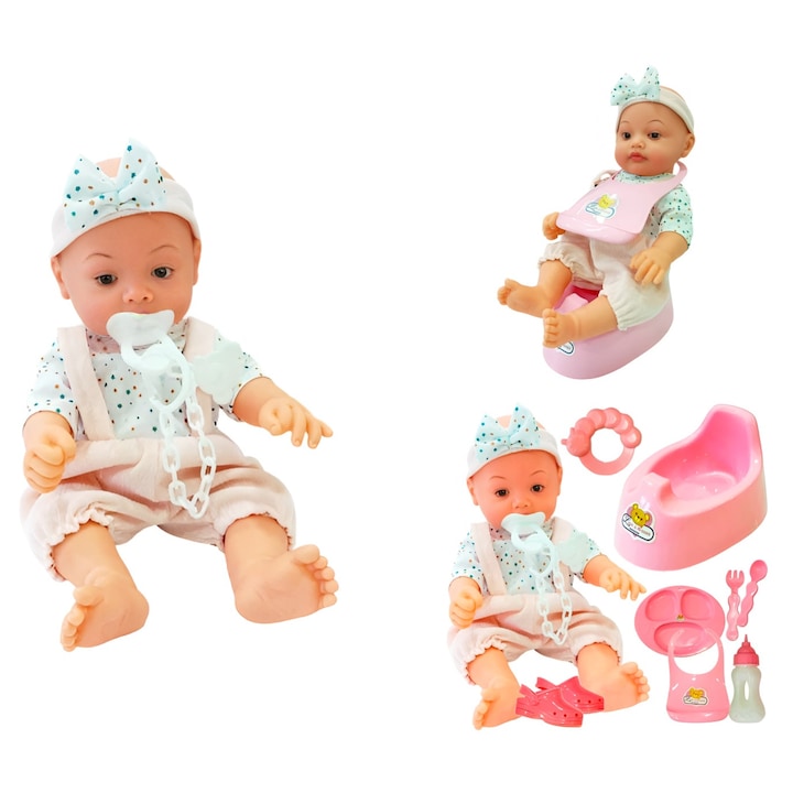 Papusa bebelus interactiva 32 cm, ANGMAD, cu 12 sunete realiste( mama, bebe, ah, wu, etc), set complet de accesorii (biberon, suzeta, olita, haine, pampers), face pipi, jucarie copii min 2 ani+