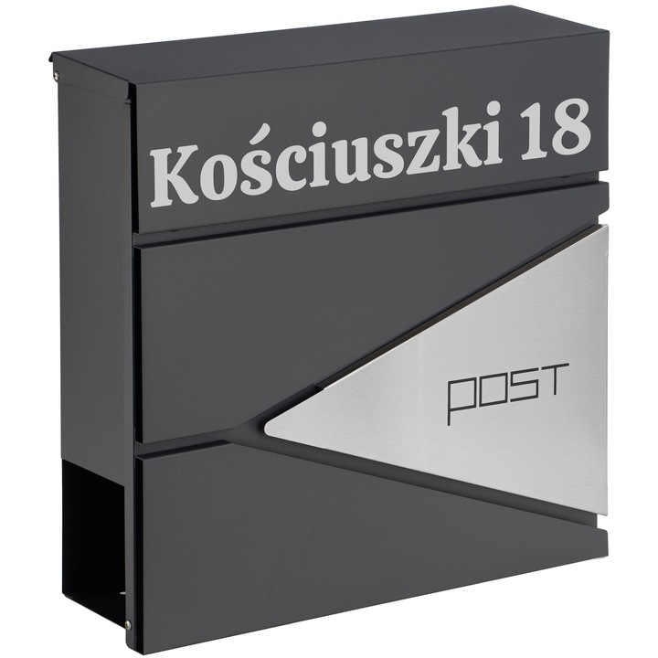Gockowiak Boris postaláda, festett horganyzott acél, rozsdamentes acél betét, újságtartóval és védőfedéllel, kulcsos zár, 2 kulccsal, ezüst felirattal személyre szabható, antracit, 37 x 37 x 10,5 cm