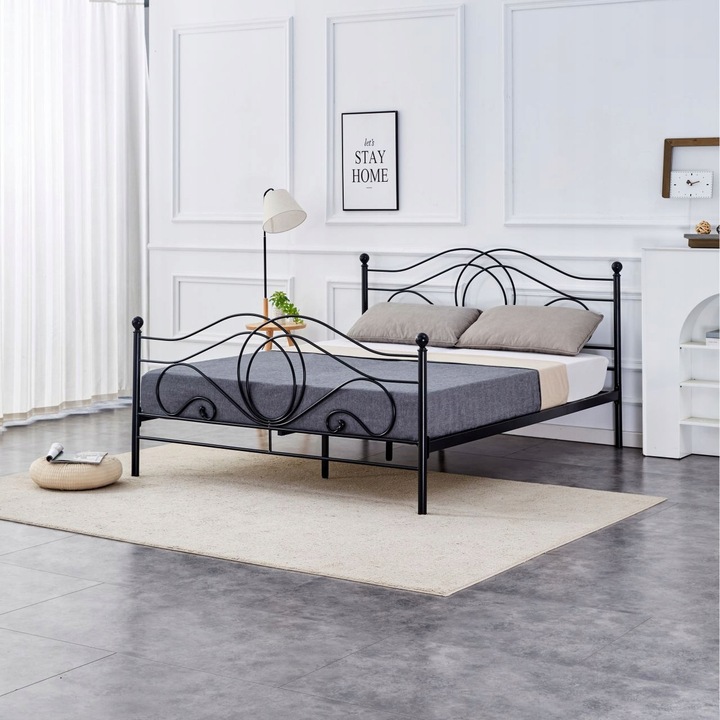 Pat metalic Furnitex 160x200cm negru cu somiera, 210x166x106cm