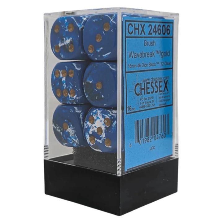 12 darab Chessex Brush d6 kocka szett 16 mm - Wavebreak/Arany