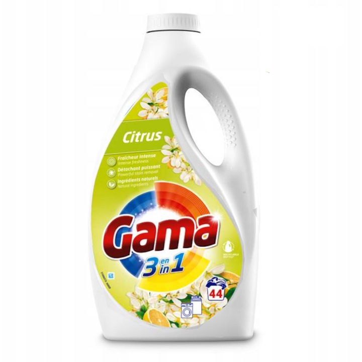 GAMA Citrus folyékony mosószer, univerzális mosógél, citrus illattal, hatékony 20-95°C között, fehér és színes ruhákhoz, 44 mosás, 1,98 l