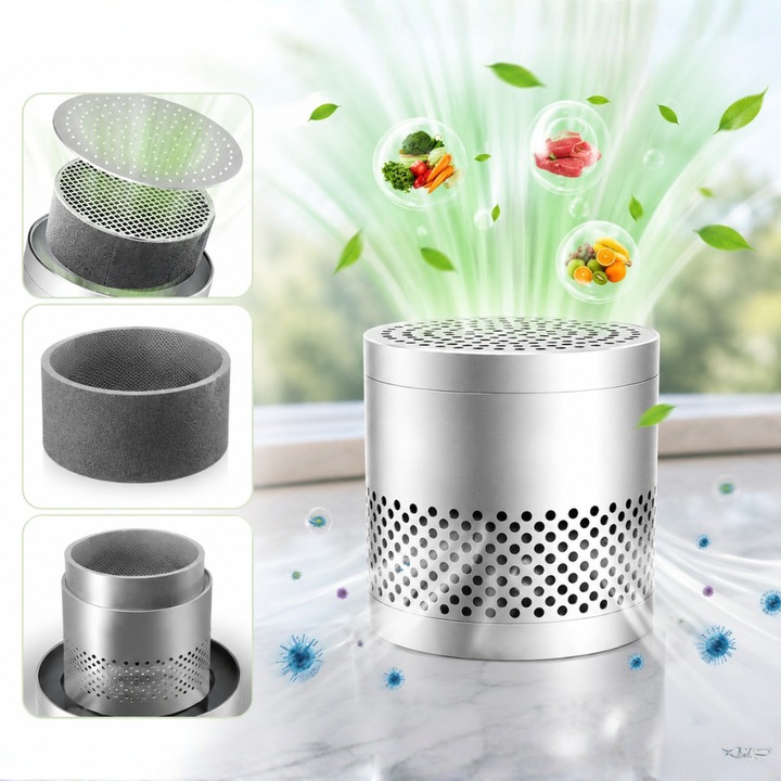 Neutralizator de Mirosuri Frigider cu Carbune Activ, Tehnologie de Descompunere Catalitica, 10 ani Eficienta, Solutie Naturala fara Chimicale, Carcasa din Otel Inoxidabil, Utilizare Spatii Multiple, Frigider, Masina, Dulap