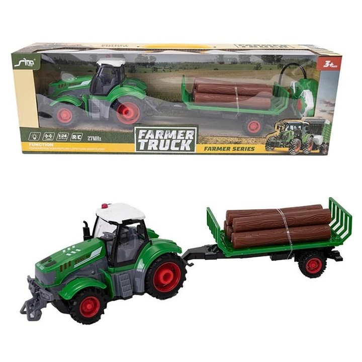 Tractor radiocomandat Askato Farmer Truck, cu remorca pentru lemne, scara 1:24, 27 MHz, Multicolor, 1 buc