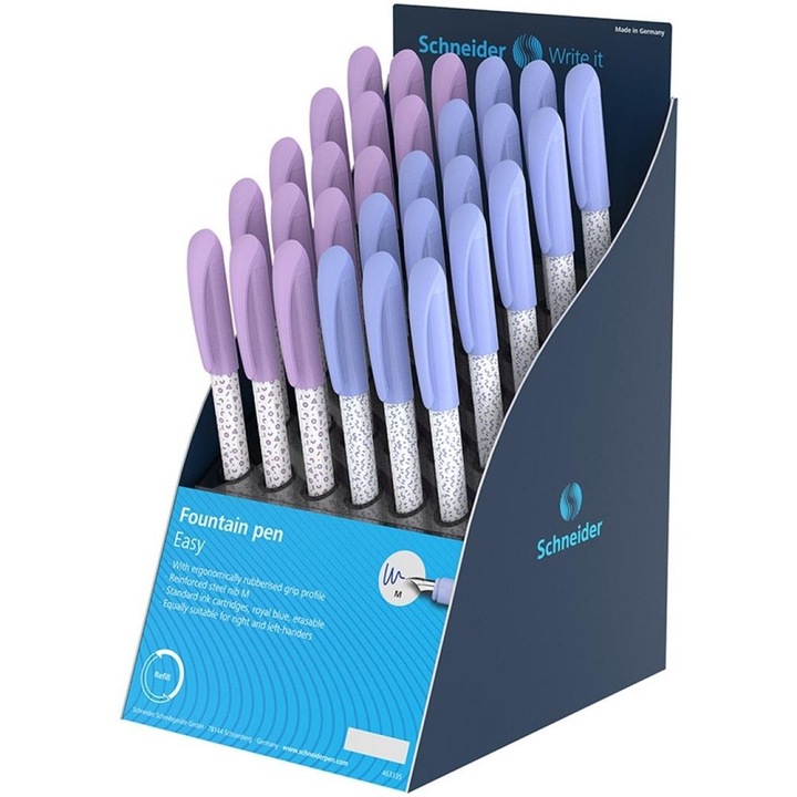 Schneider Easy töltőtoll, M acélhegy, ergonomikus fogás, standard tintapatron, többszínű, 30 db