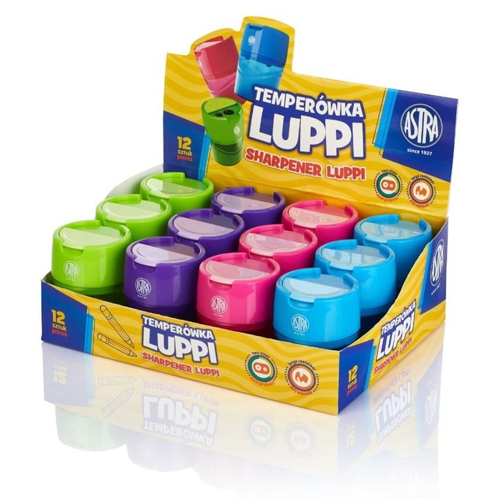ASTRA Luppi hegyező, ceruzákhoz, 2 lyukú, nagy tartállyal, Többszínű, 12 db