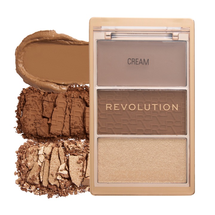 Paleta bronzer/contur Revolution Bronze Icon, 3 in 1 crema, pudra mata si iluminator, cu acid hialuronic, pigmentare buildabila, golden medium, 1 buc
