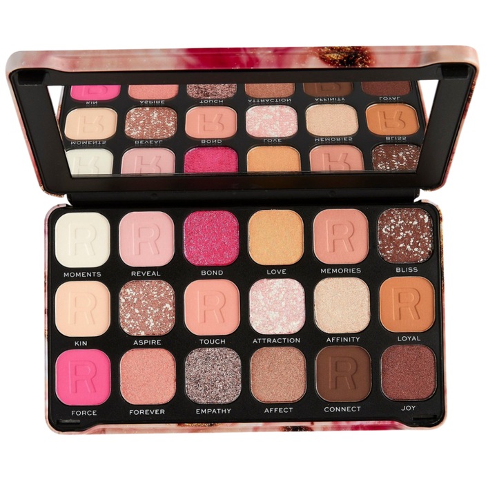 Paleta de farduri de pleoape Revolution Forever Flawless Affinity, 18 culori, maro-roz, ambalaj metalic, finisaj mat si